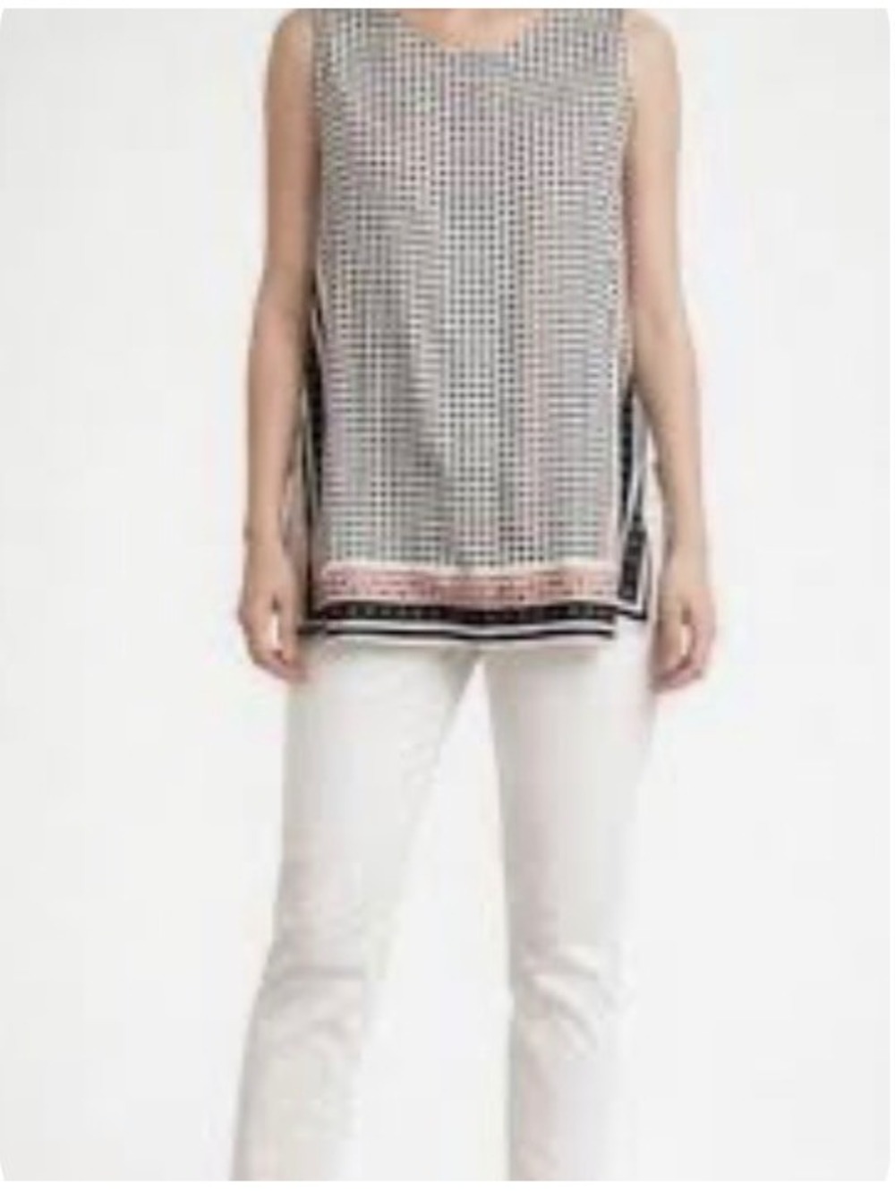 Ann Taylor sleeveless blouse scarf like black white geometric pattern pink Small